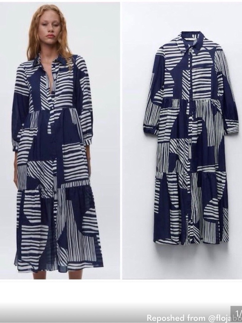 Zara Navy and White Geometric Tiered Maxi Shirt Dress